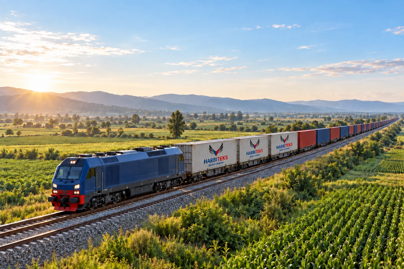 Harbiteks logolu üç konteyneri taşıyan yük treni; lojistik sahnesi.